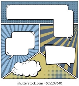 Abstract creative concept comic pop art style blank, layout template with clouds beams and isolated dots background. For sale banner, empty speech bubble set, vector illustration halftone book design