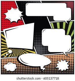 Abstract creative concept comic pop art style blank, layout template with clouds beams and isolated dots background. For sale banner, empty speech bubble set, vector illustration halftone book design