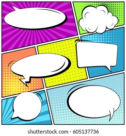 Abstract creative concept comic pop art style blank, layout template with clouds beams and isolated dots background. For sale banner, empty speech bubble set, vector illustration halftone book design
