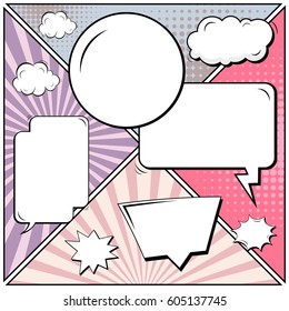 Abstract creative concept comic pop art style blank, layout template with clouds beams and isolated dots background. For sale banner, empty speech bubble set, vector illustration halftone book design