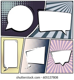 Abstract creative concept comic pop art style blank, layout template with clouds beams and isolated dots background. For sale banner, empty speech bubble set, vector illustration halftone book design