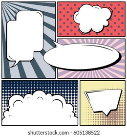 Abstract creative concept comic pop art style blank, layout template with clouds beams and isolated dots background. For sale banner, empty speech bubble set, vector illustration halftone book design