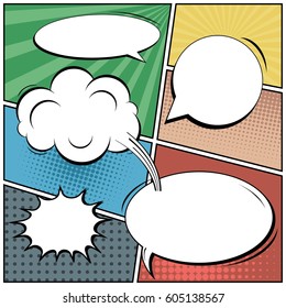 Abstract creative concept comic pop art style blank, layout template with clouds beams and isolated dots background. For sale banner, empty speech bubble set, vector illustration halftone book design