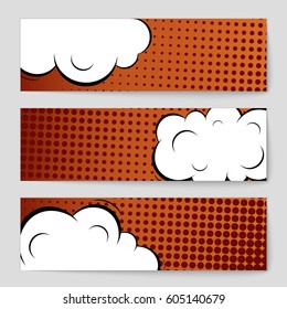 Abstract creative concept comic pop art style blank, layout template with clouds beams and isolated dots background. For sale banner, empty speech bubble set, vector illustration halftone book design