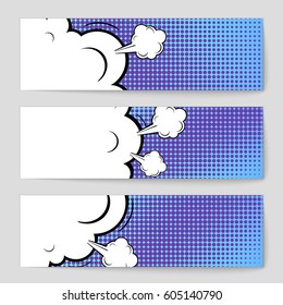 Abstract creative concept comic pop art style blank, layout template with clouds beams and isolated dots background. For sale banner, empty speech bubble set, vector illustration halftone book design