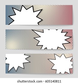 Abstract creative concept comic pop art style blank, layout template with clouds beams and isolated dots background. For sale banner, empty speech bubble set, vector illustration halftone book design