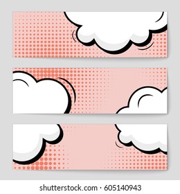Abstract creative concept comic pop art style blank, layout template with clouds beams and isolated dots background. For sale banner, empty speech bubble set, vector illustration halftone book design