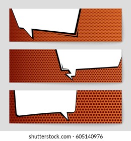Abstract creative concept comic pop art style blank, layout template with clouds beams and isolated dots background. For sale banner, empty speech bubble set, vector illustration halftone book design