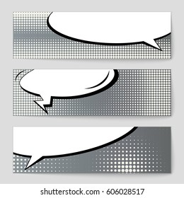 Abstract creative concept comic pop art style blank, layout template with clouds beams and isolated dots background. For sale banner, empty speech bubble set, vector illustration halftone book design