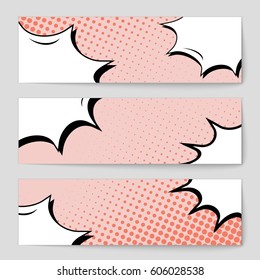 Abstract creative concept comic pop art style blank, layout template with clouds beams and isolated dots background. For sale banner, empty speech bubble set, vector illustration halftone book design