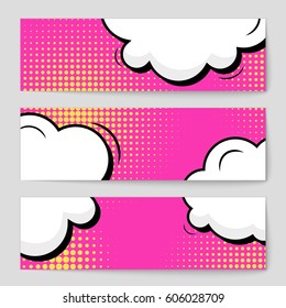 Abstract creative concept comic pop art style blank, layout template with clouds beams and isolated dots background. For sale banner, empty speech bubble set, vector illustration halftone book design