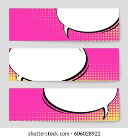 Abstract creative concept comic pop art style blank, layout template with clouds beams and isolated dots background. For sale banner, empty speech bubble set, vector illustration halftone book design
