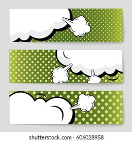Abstract creative concept comic pop art style blank, layout template with clouds beams and isolated dots background. For sale banner, empty speech bubble set, vector illustration halftone book design