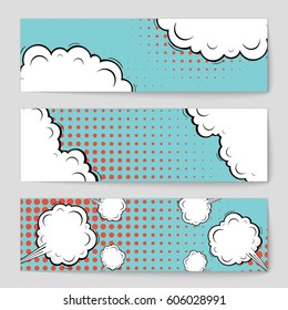 Abstract creative concept comic pop art style blank, layout template with clouds beams and isolated dots background. For sale banner, empty speech bubble set, vector illustration halftone book design