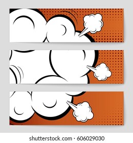 Abstract creative concept comic pop art style blank, layout template with clouds beams and isolated dots background. For sale banner, empty speech bubble set, vector illustration halftone book design
