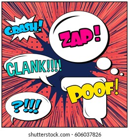 Abstract creative concept comic pop art style blank, layout template with clouds beams and isolated dots background. For sale banner, empty speech bubble set, vector illustration halftone book design