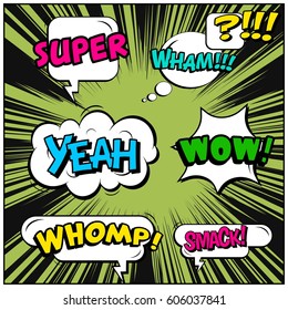 Abstract creative concept comic pop art style blank, layout template with clouds beams and isolated dots background. For sale banner, empty speech bubble set, vector illustration halftone book design