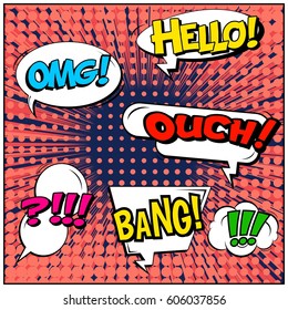 Abstract creative concept comic pop art style blank, layout template with clouds beams and isolated dots background. For sale banner, empty speech bubble set, vector illustration halftone book design