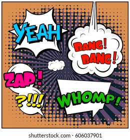 Abstract creative concept comic pop art style blank, layout template with clouds beams and isolated dots background. For sale banner, empty speech bubble set, vector illustration halftone book design