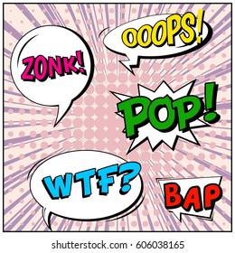 Abstract creative concept comic pop art style blank, layout template with clouds beams and isolated dots background. For sale banner, empty speech bubble set, vector illustration halftone book design