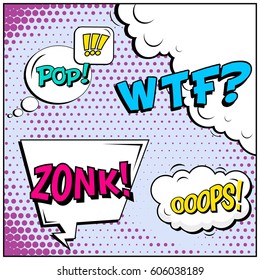 Abstract creative concept comic pop art style blank, layout template with clouds beams and isolated dots background. For sale banner, empty speech bubble set, vector illustration halftone book design