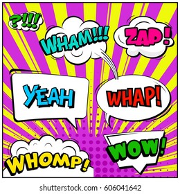 Abstract creative concept comic pop art style blank, layout template with clouds beams and isolated dots background. For sale banner, empty speech bubble set, vector illustration halftone book design