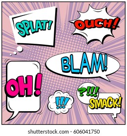Abstract creative concept comic pop art style blank, layout template with clouds beams and isolated dots background. For sale banner, empty speech bubble set, vector illustration halftone book design