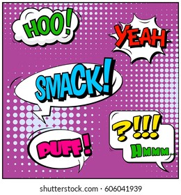 Abstract creative concept comic pop art style blank, layout template with clouds beams and isolated dots background. For sale banner, empty speech bubble set, vector illustration halftone book design