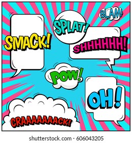 Abstract creative concept comic pop art style blank, layout template with clouds beams and isolated dots background. For sale banner, empty speech bubble set, vector illustration halftone book design