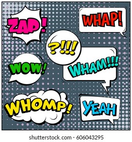Abstract creative concept comic pop art style blank, layout template with clouds beams and isolated dots background. For sale banner, empty speech bubble set, vector illustration halftone book design