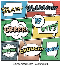 Abstract creative concept comic pop art style blank, layout template with clouds beams and isolated dots background. For sale banner, empty speech bubble set, vector illustration halftone book design