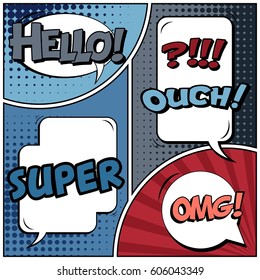 Abstract creative concept comic pop art style blank, layout template with clouds beams and isolated dots background. For sale banner, empty speech bubble set, vector illustration halftone book design