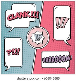 Abstract creative concept comic pop art style blank, layout template with clouds beams and isolated dots background. For sale banner, empty speech bubble set, vector illustration halftone book design