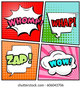 Abstract creative concept comic pop art style blank, layout template with clouds beams and isolated dots background. For sale banner, empty speech bubble set, vector illustration halftone book design