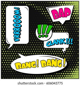 Abstract creative concept comic pop art style blank, layout template with clouds beams and isolated dots background. For sale banner, empty speech bubble set, vector illustration halftone book design