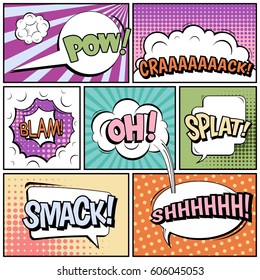 Abstract creative concept comic pop art style blank, layout template with clouds beams and isolated dots background. For sale banner, empty speech bubble set, vector illustration halftone book design