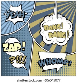 Abstract creative concept comic pop art style blank, layout template with clouds beams and isolated dots background. For sale banner, empty speech bubble set, vector illustration halftone book design