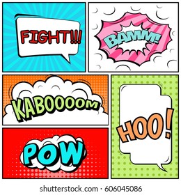 Abstract creative concept comic pop art style blank, layout template with clouds beams and isolated dots background. For sale banner, empty speech bubble set, vector illustration halftone book design