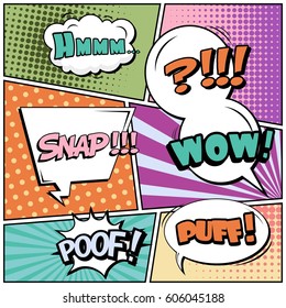 Abstract creative concept comic pop art style blank, layout template with clouds beams and isolated dots background. For sale banner, empty speech bubble set, vector illustration halftone book design