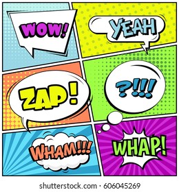 Abstract creative concept comic pop art style blank, layout template with clouds beams and isolated dots background. For sale banner, empty speech bubble set, vector illustration halftone book design