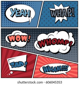 Abstract creative concept comic pop art style blank, layout template with clouds beams and isolated dots background. For sale banner, empty speech bubble set, vector illustration halftone book design