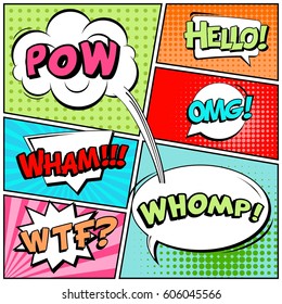 Abstract creative concept comic pop art style blank, layout template with clouds beams and isolated dots background. For sale banner, empty speech bubble set, vector illustration halftone book design