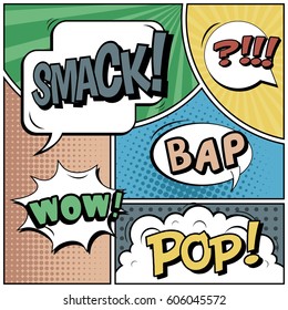 Abstract creative concept comic pop art style blank, layout template with clouds beams and isolated dots background. For sale banner, empty speech bubble set, vector illustration halftone book design
