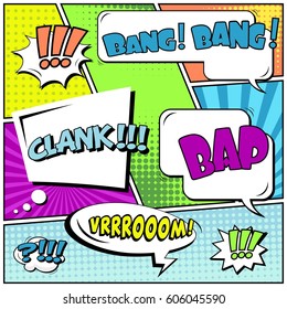 Abstract creative concept comic pop art style blank, layout template with clouds beams and isolated dots background. For sale banner, empty speech bubble set, vector illustration halftone book design