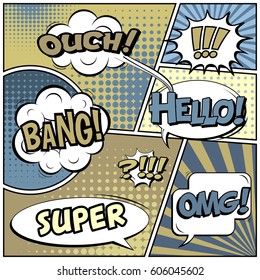 Abstract creative concept comic pop art style blank, layout template with clouds beams and isolated dots background. For sale banner, empty speech bubble set, vector illustration halftone book design