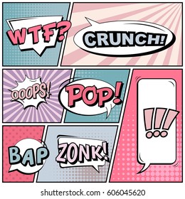 Abstract creative concept comic pop art style blank, layout template with clouds beams and isolated dots background. For sale banner, empty speech bubble set, vector illustration halftone book design
