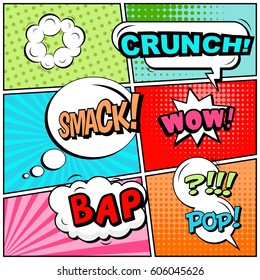 Abstract creative concept comic pop art style blank, layout template with clouds beams and isolated dots background. For sale banner, empty speech bubble set, vector illustration halftone book design