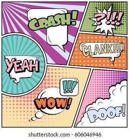 Abstract creative concept comic pop art style blank, layout template with clouds beams and isolated dots background. For sale banner, empty speech bubble set, vector illustration halftone book design