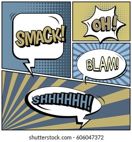 Abstract creative concept comic pop art style blank, layout template with clouds beams and isolated dots background. For sale banner, empty speech bubble set, vector illustration halftone book design