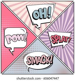 Abstract creative concept comic pop art style blank, layout template with clouds beams and isolated dots background. For sale banner, empty speech bubble set, vector illustration halftone book design